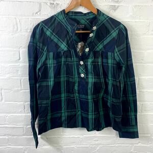 J. Crew Women's Plaid Jewel Button Blouse Top Long Sleeve Green Size Small